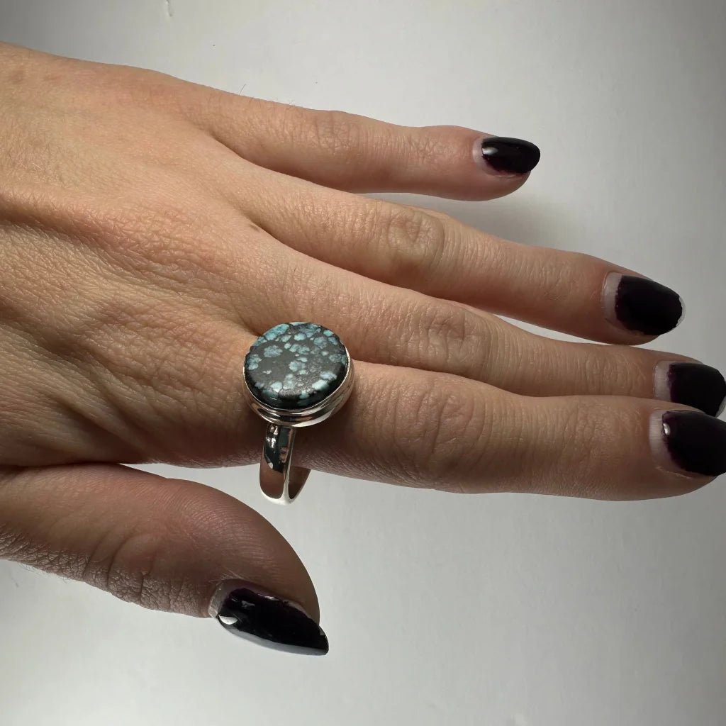 Stunning Tibetan turquoise ring in sterling silver with bezel-set stone