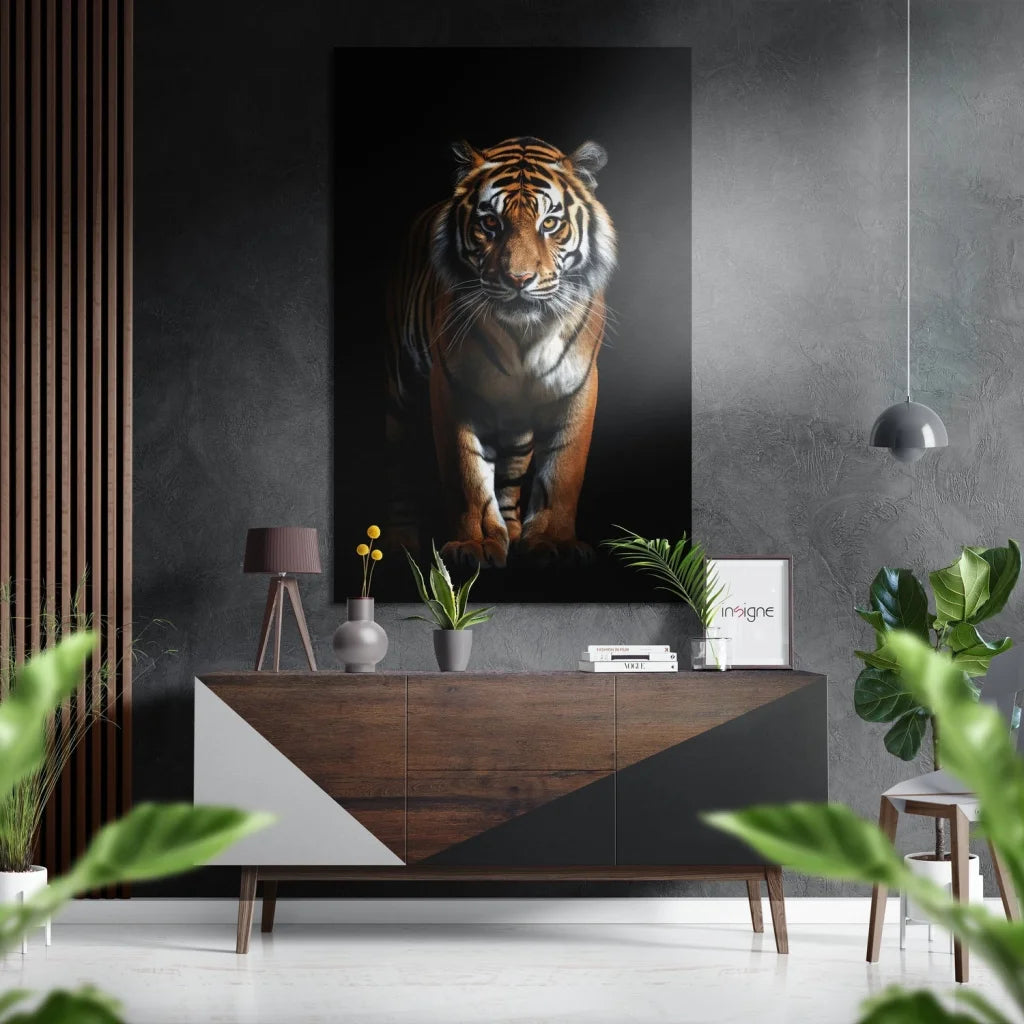 Stunning tiger wall art print on brushed aluminium dibond with white orange stripes