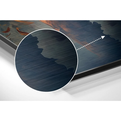 Dark blue textured canvas art with white arrow on brushed aluminium dibond