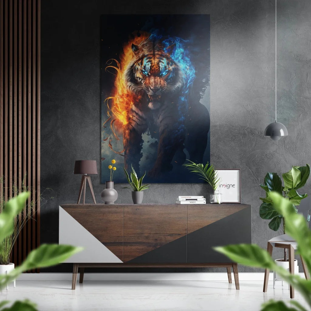 Stunning tiger canvas art on brushed aluminium dibond with fiery icy effects