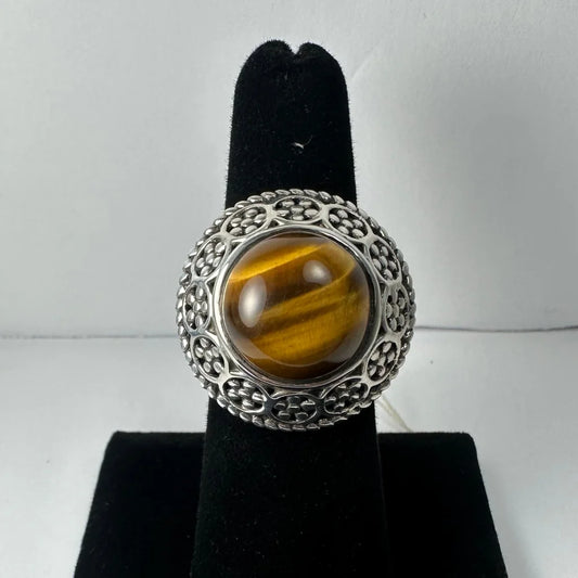 Stunning tiger eye ring with ornate silver filigree band