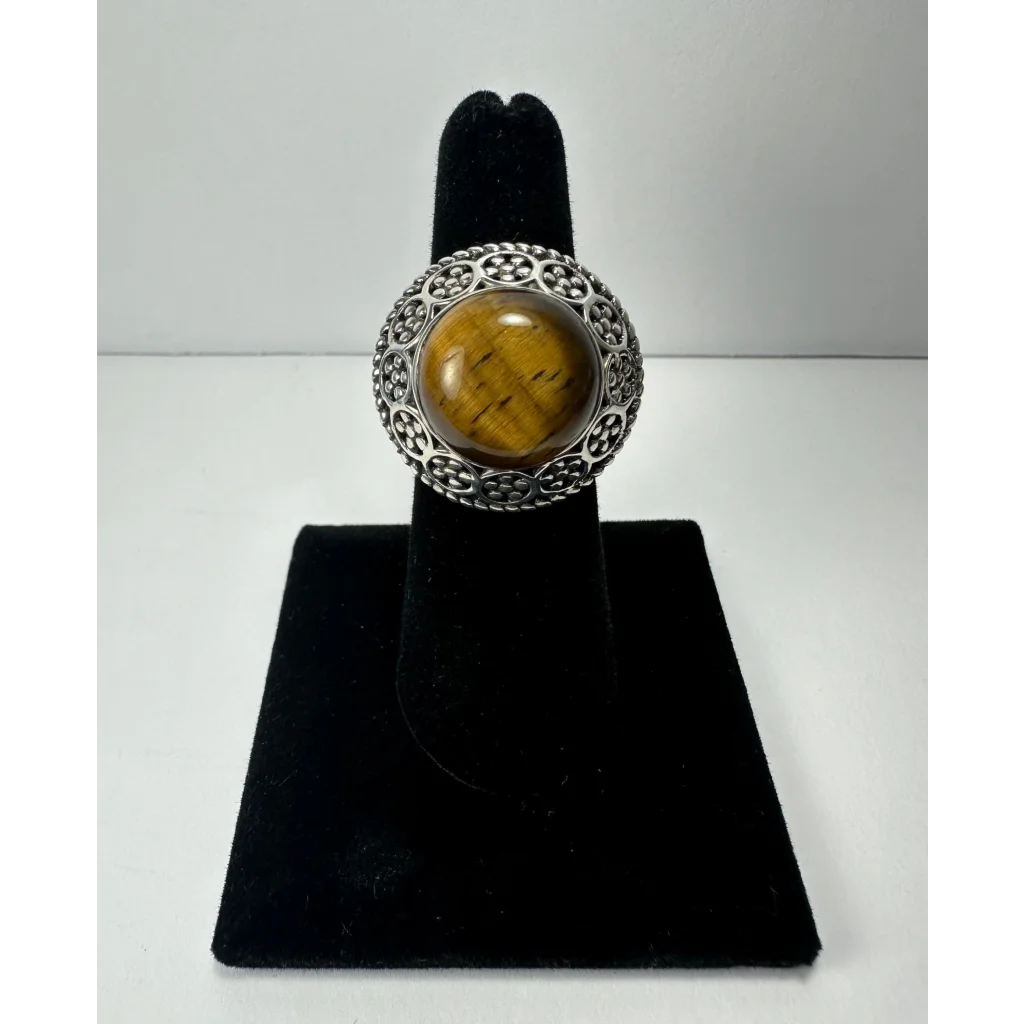 Stunning silver filigree tiger eye ring with ornate oval stone band