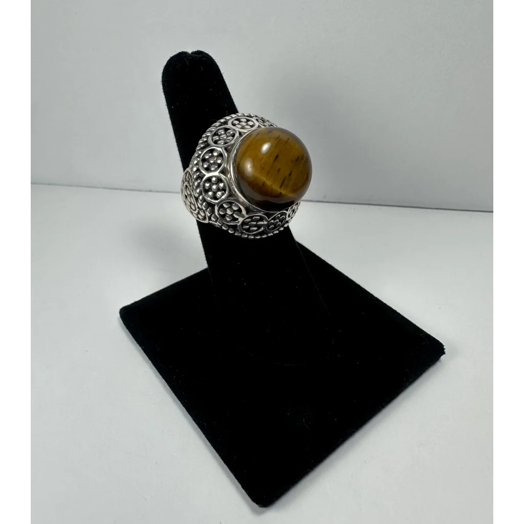 Stunning silver filigree tiger eye ring with ornate band