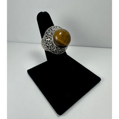 Stunning silver filigree tiger eye ring with ornate band