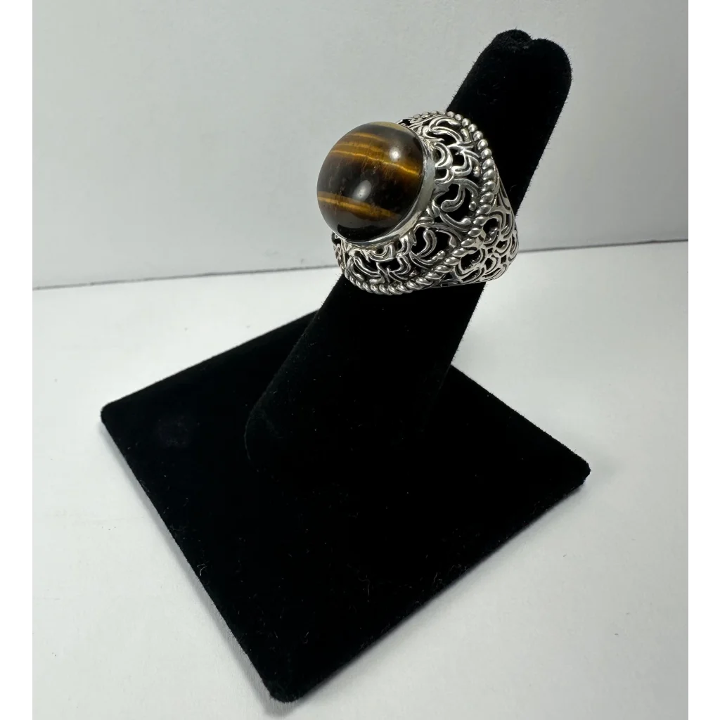 Stunning tiger eye ring in sterling silver with ornate filigree