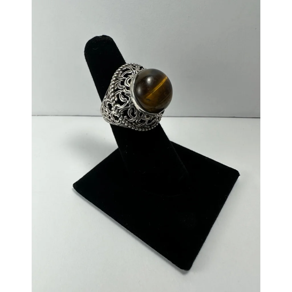 Stunning tiger eye ring in sterling silver with ornate filigree