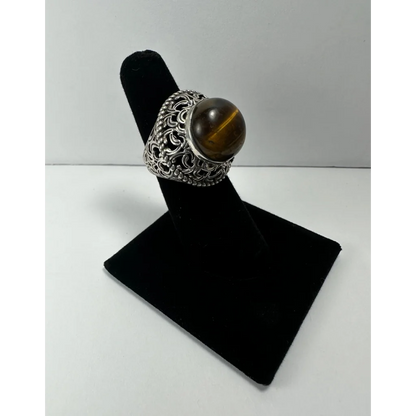 Stunning tiger eye ring in sterling silver with ornate filigree
