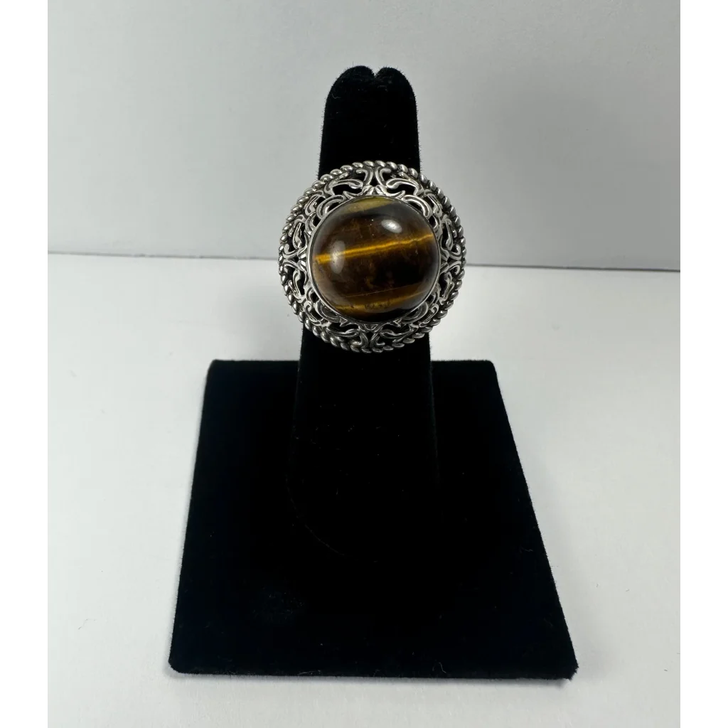 Stunning tiger eye ring in ornate sterling silver filigree