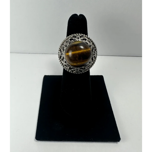 Stunning tiger eye ring in ornate sterling silver filigree