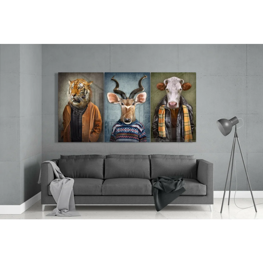 Stunning tiger glass wall art with bold orange stripes on gray sofa