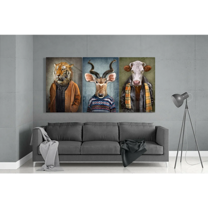 Stunning tiger glass wall art with bold orange stripes on gray sofa