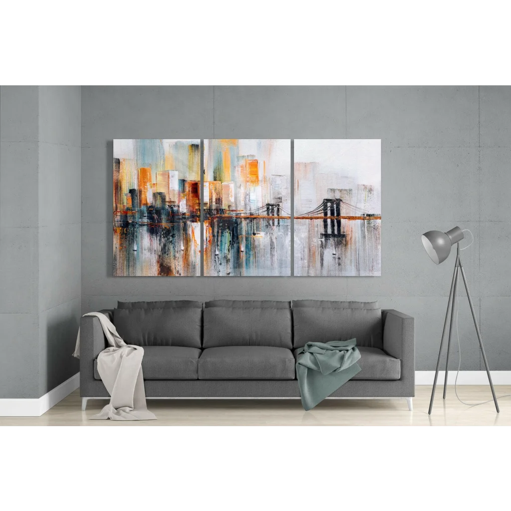Modern abstract cityscape triptych glass wall art with urban orange-gray bridge