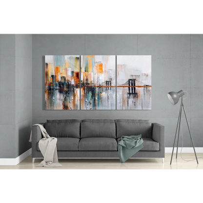 Modern abstract cityscape triptych glass wall art with urban orange-gray bridge
