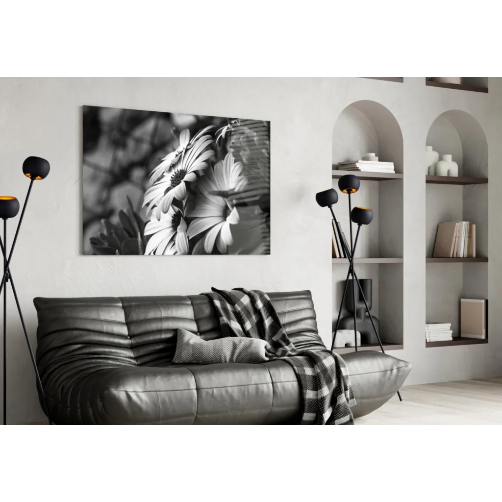 Stunning black and white floral wall art canvas print on wall
