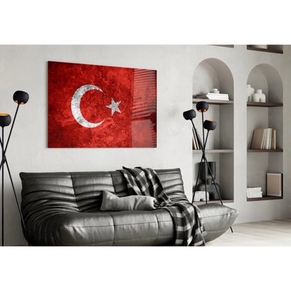 Stunning Turkish Flag wall art with vintage grunge on leather couch