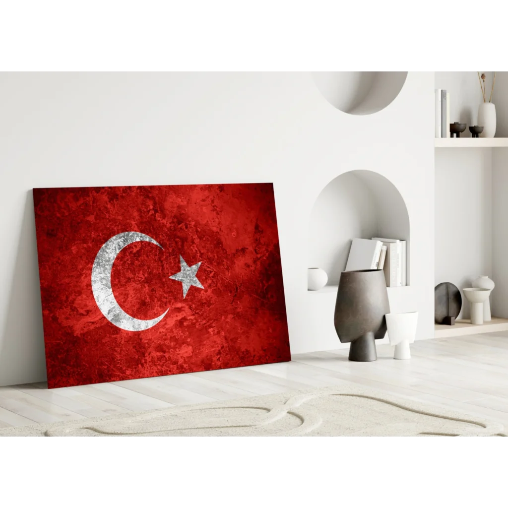 Red and white Turkish flag canvas wall art with vintage grunge design