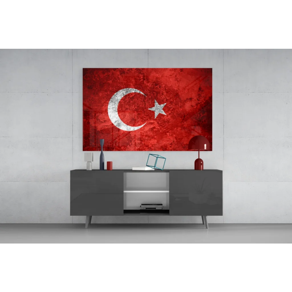 Red and white Turkish flag wall art with vintage grunge distressed texture