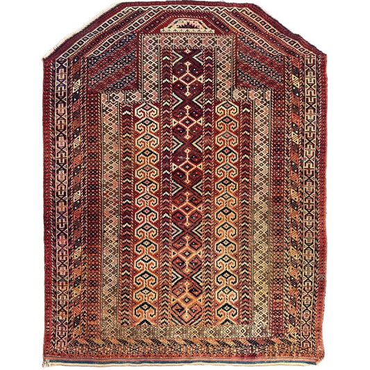 Stunning Turkmen prayer rug with bold tribal geometric patterns in red, brown, cream