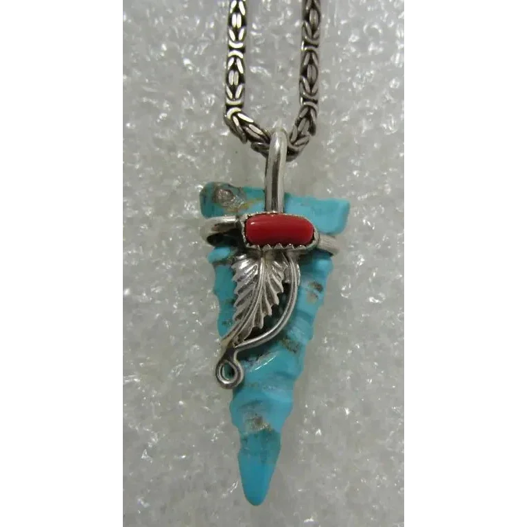 Turquoise arrow pendant necklace sterling silver with coral and leaf accents for boho style