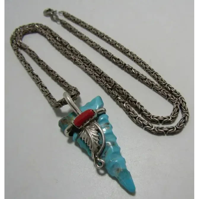 Sterling silver Byzantine chain necklace with turquoise arrow pendant and coral accent