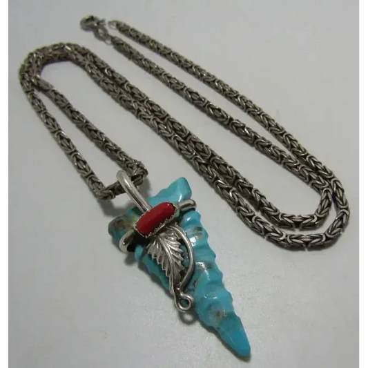 Sterling silver Byzantine chain necklace with turquoise arrow pendant and coral accent