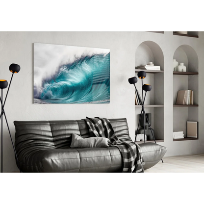 Vibrant turquoise ocean wave glass wall art on minimalist white wall
