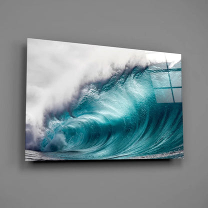 Stunning turquoise wave glass wall art print on glossy acrylic panel