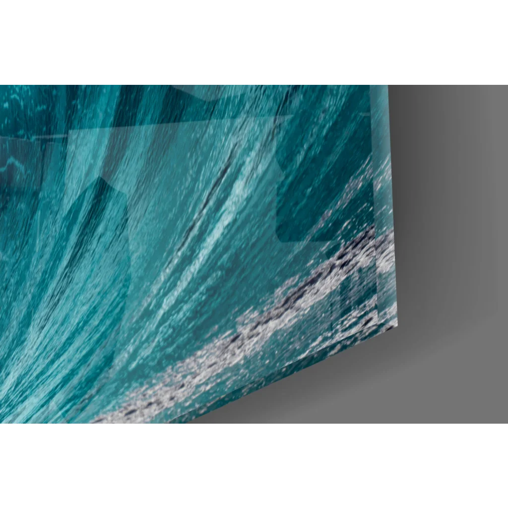 Vibrant teal abstract wave glass wall art with textured brushstrokes