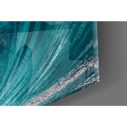 Vibrant teal abstract wave glass wall art with textured brushstrokes