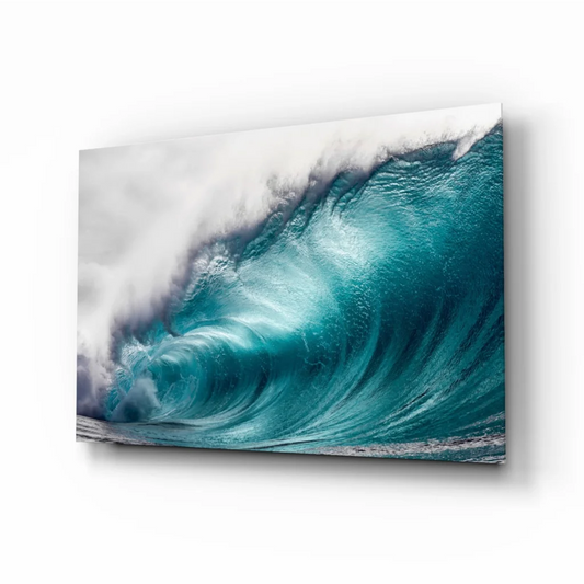 Vibrant turquoise ocean wave on glass wall art print with frothy foam
