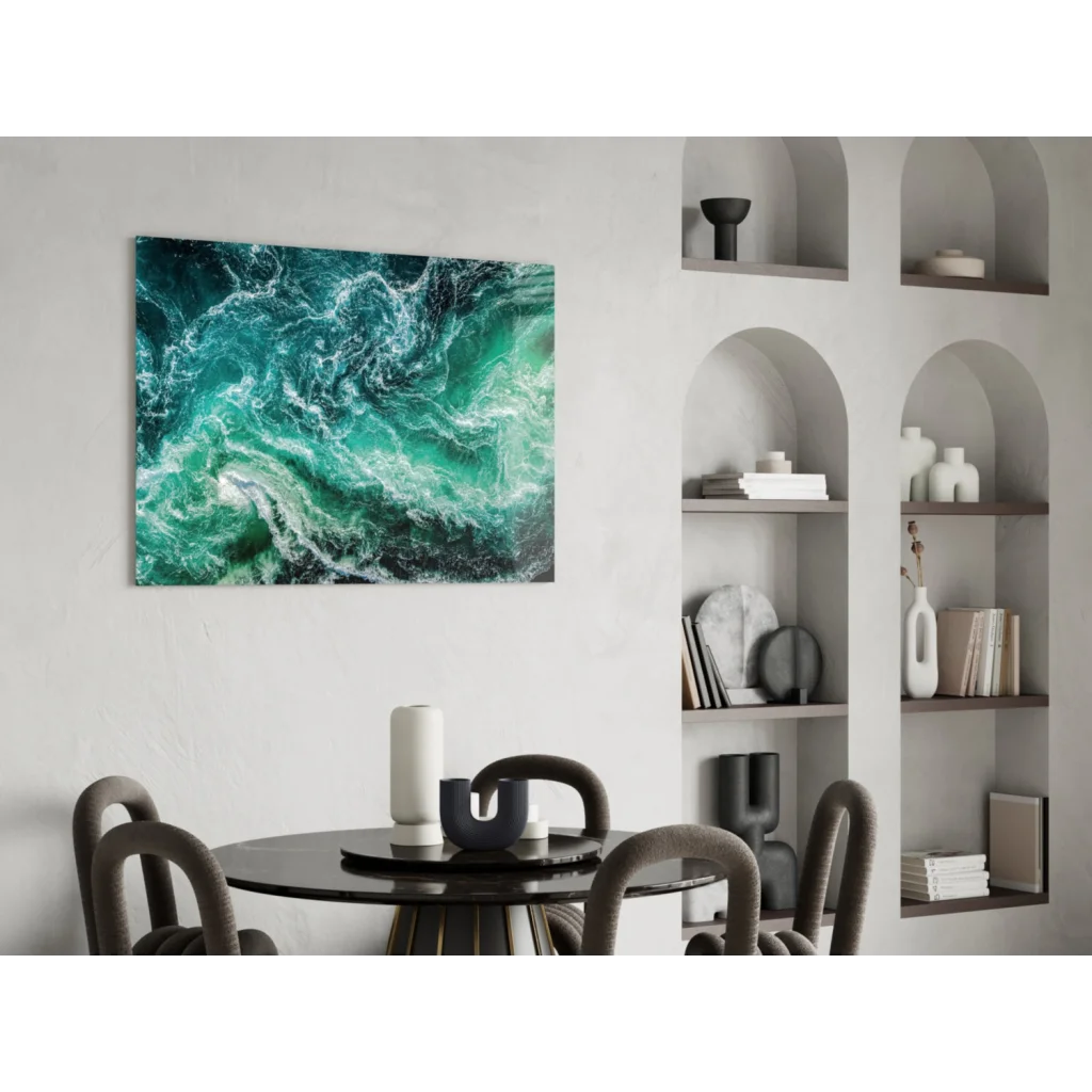 Vibrant teal turquoise wave glass wall art on canvas mounted on wall