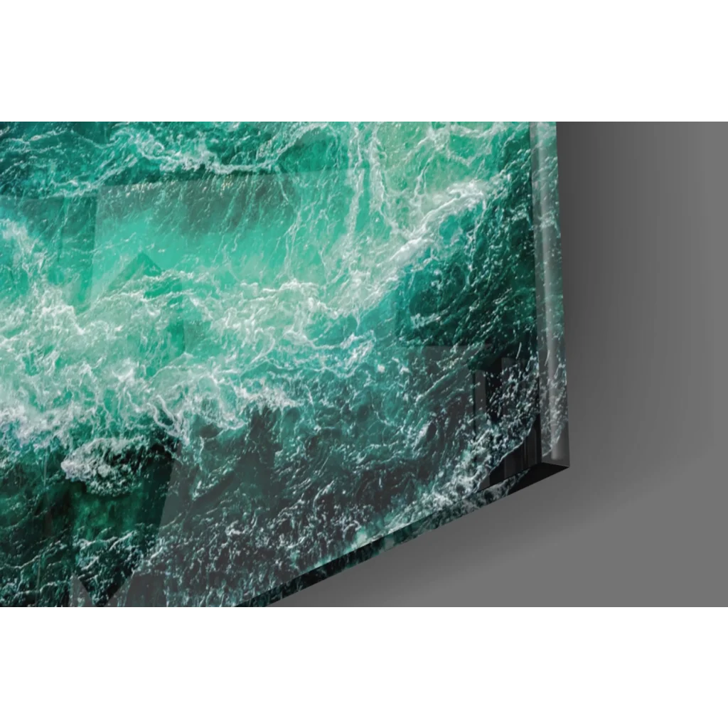 Vibrant turquoise ocean wave glass wall art on glossy acrylic panel