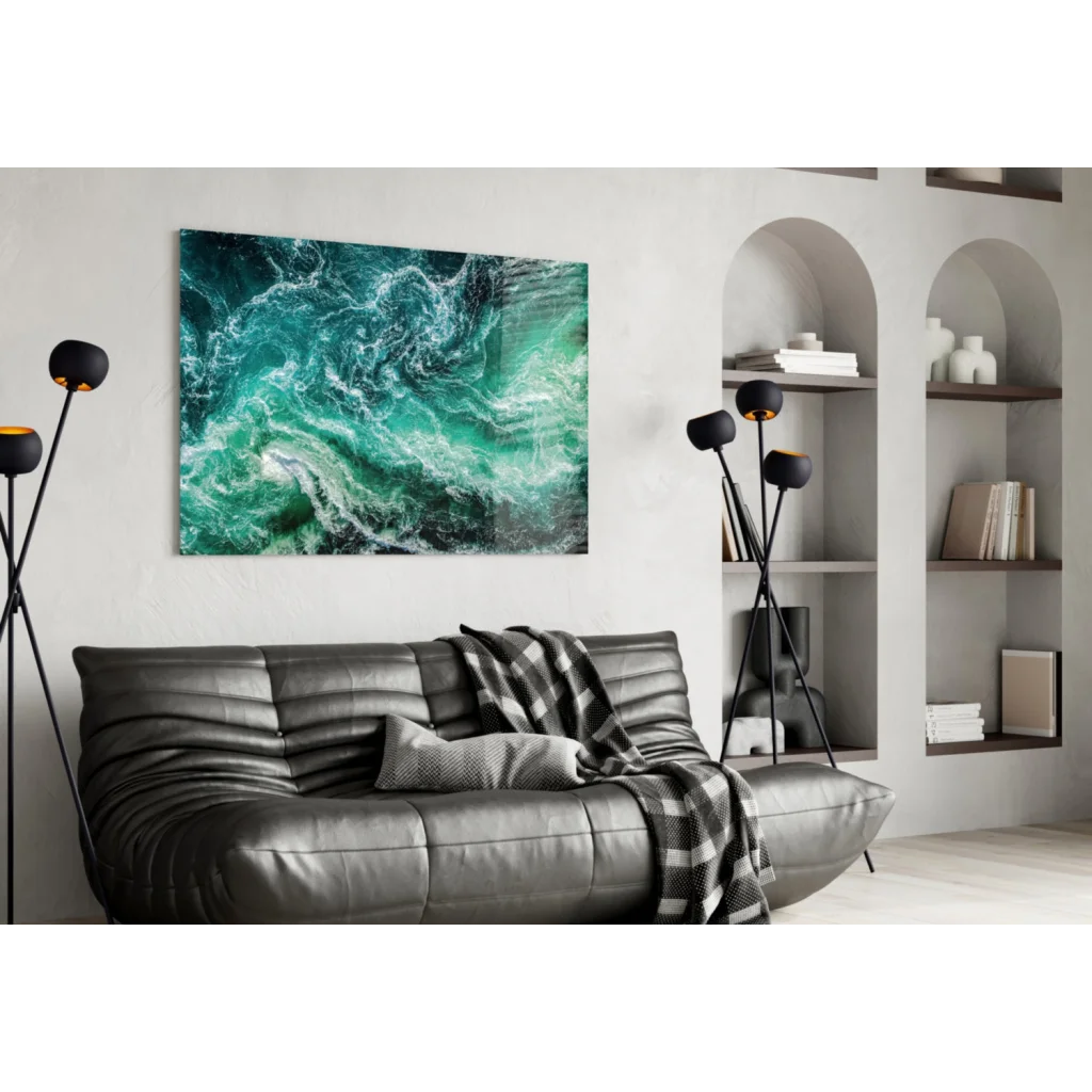 Stunning turquoise wave glass wall art on vibrant teal canvas