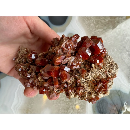 Stunning vanadinite cluster from Mibladen, Morocco, in hand