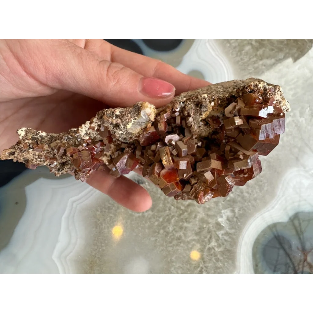 Stunning vanadinite cluster from Mibladen, Morocco, with reddish-brown cubic crystals