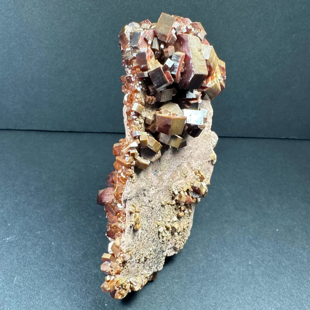 Stunning vanadinite cluster from Morocco with fiery copper cubic crystals