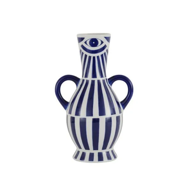 White blue striped ceramic vase with handles and eye motif from Fancy Home