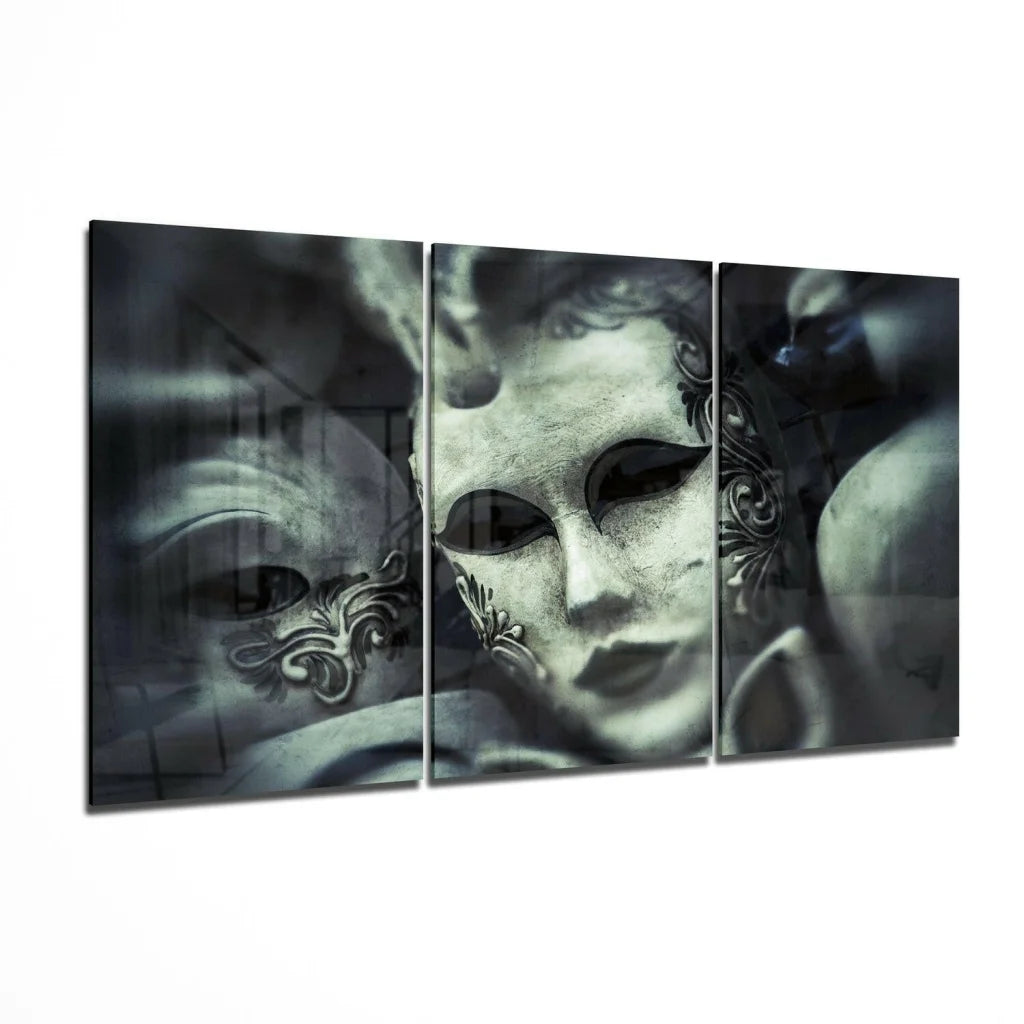 Stunning Venetian Mask Triptych glass wall art in black and white