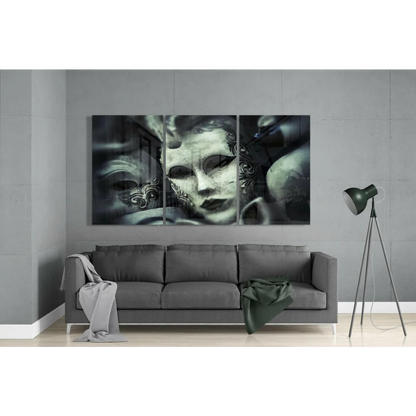 Stunning Venetian mask triptych glass wall art in black and white
