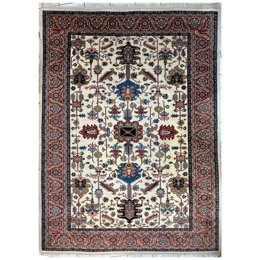 Vintage Afghani Serapi rug in cream with burgundy floral patterns