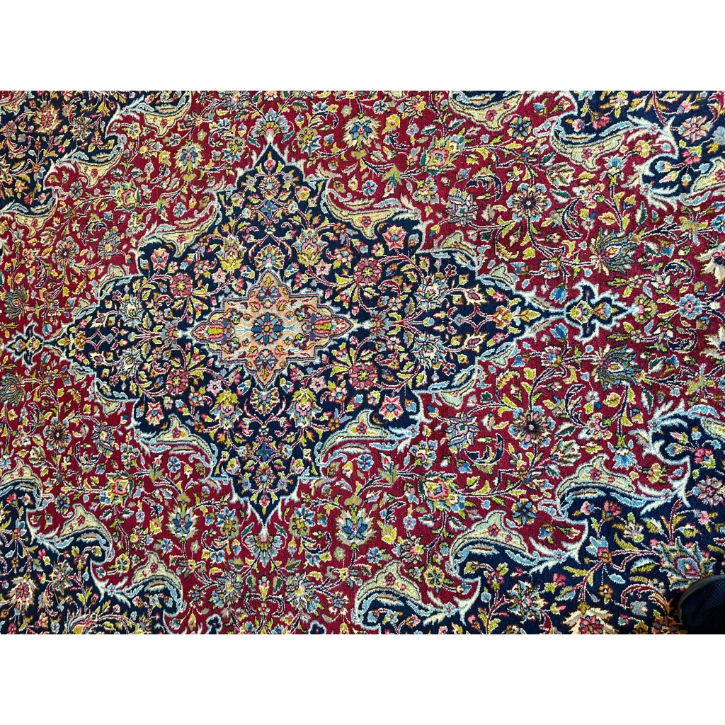 Stunning vintage fine Persian rug in rich red and navy with gold floral patterns