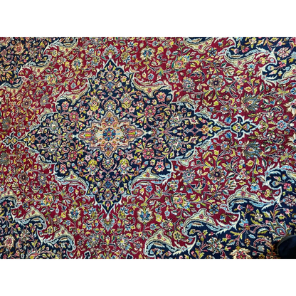 Stunning vintage fine Persian rug in rich red and navy with gold floral patterns