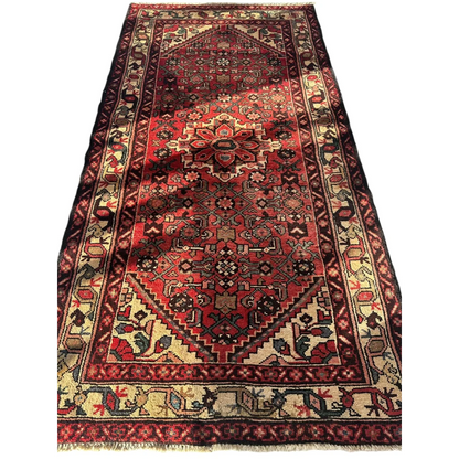 Stunning vintage Hamadan rug with red floral medallion and intricate patterns