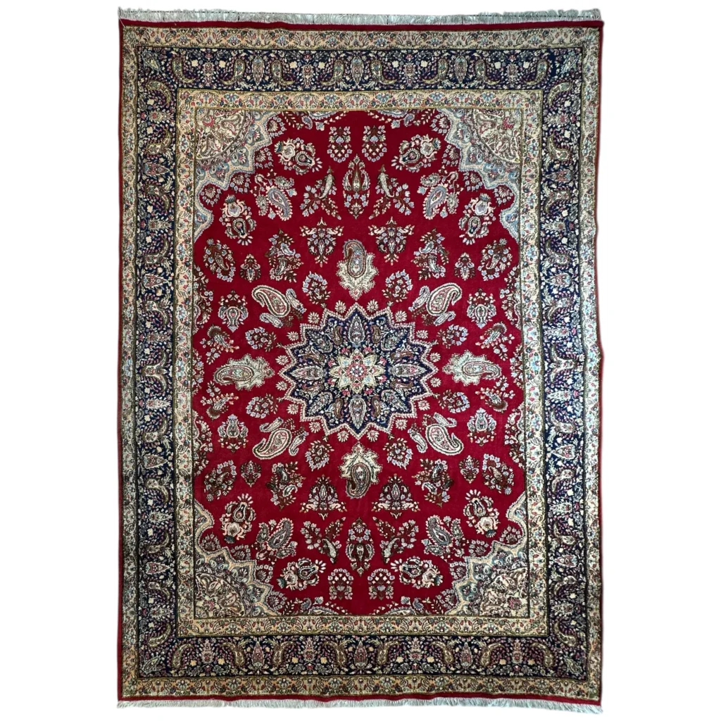 Vibrant vintage Kirman Persian rug with red paisley floral patterns