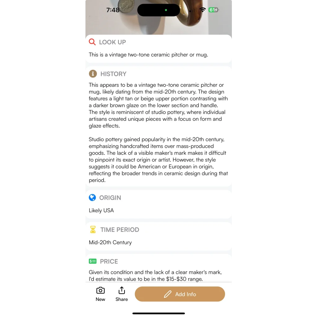 Vintage mid century studio pottery mug with two tone handmade ceramic design