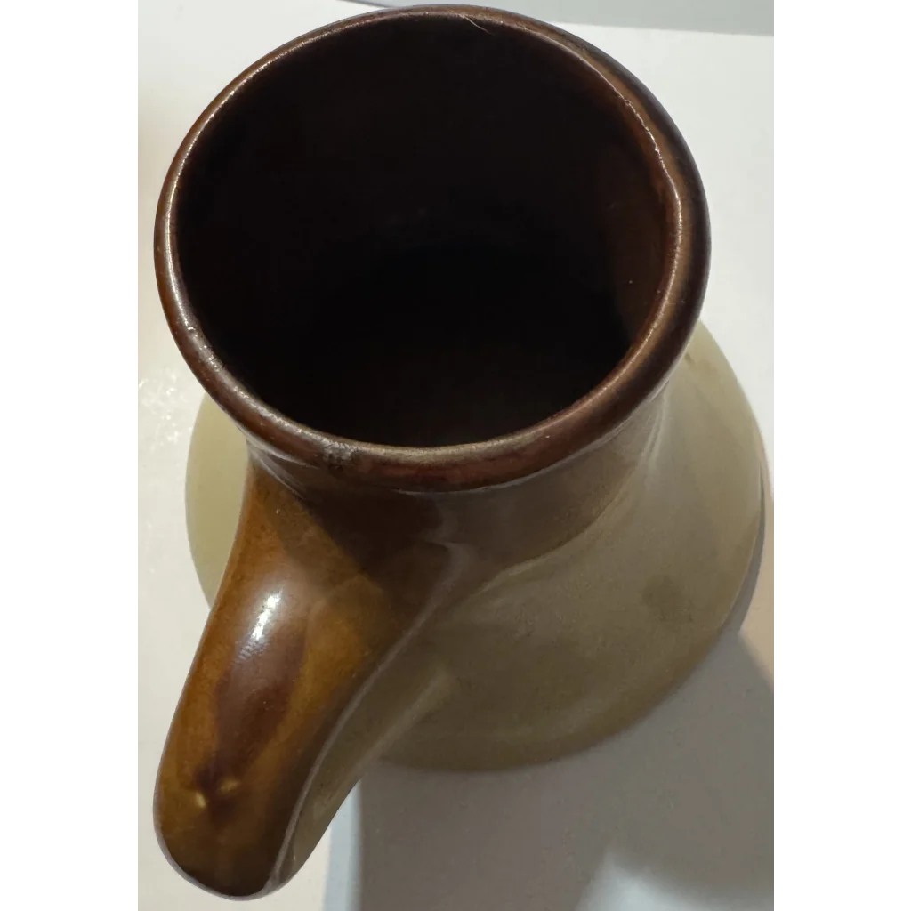 Vintage mid century studio pottery brown and beige handmade pitcher with wide opening