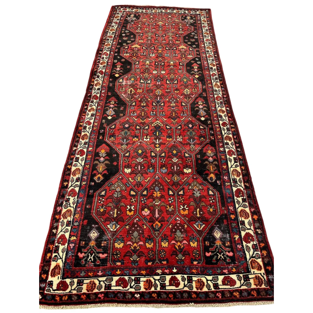 Vintage Persian Hosseinabad runner with red black floral patterns