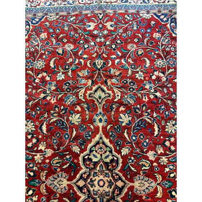 Rich red Persian Mahal rug with 1950s floral patterns in blue, cream, green