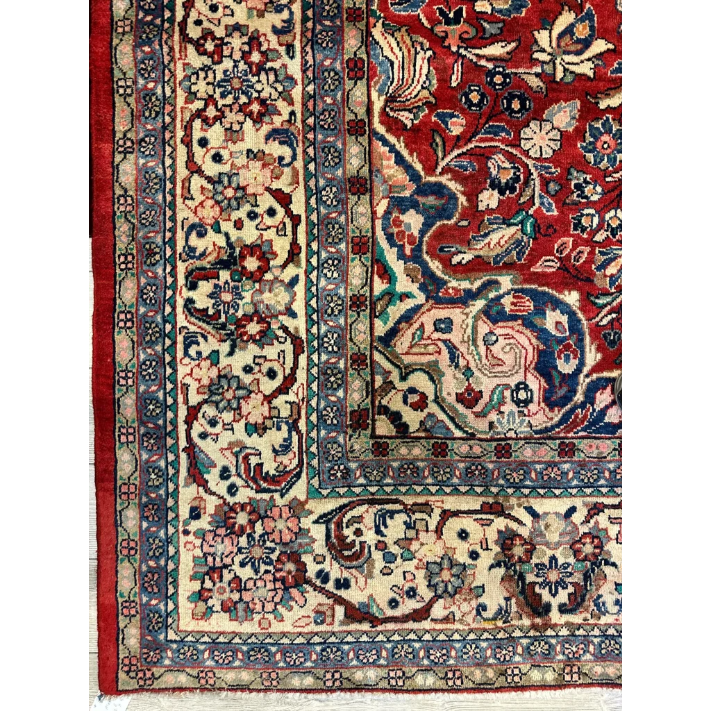 Vintage 1950s Persian Mahal rug red field floral motifs Mahalat Persia