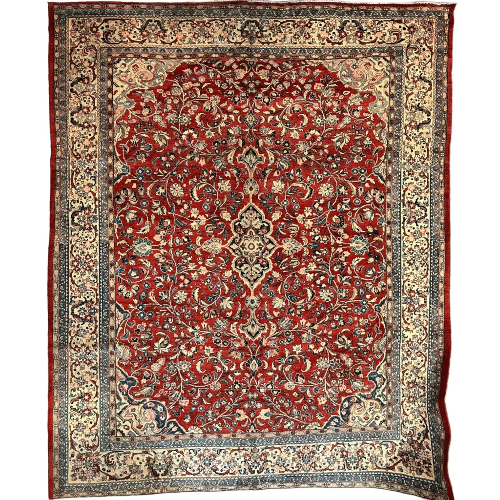 Vintage 1950s Persian Mahal rug rich red floral arabesque patterns